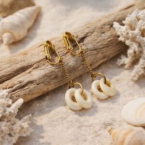 Vintage Ivory Shell Dangle Clip Earrings Gold Tone Chain Organic Boho Coastal
